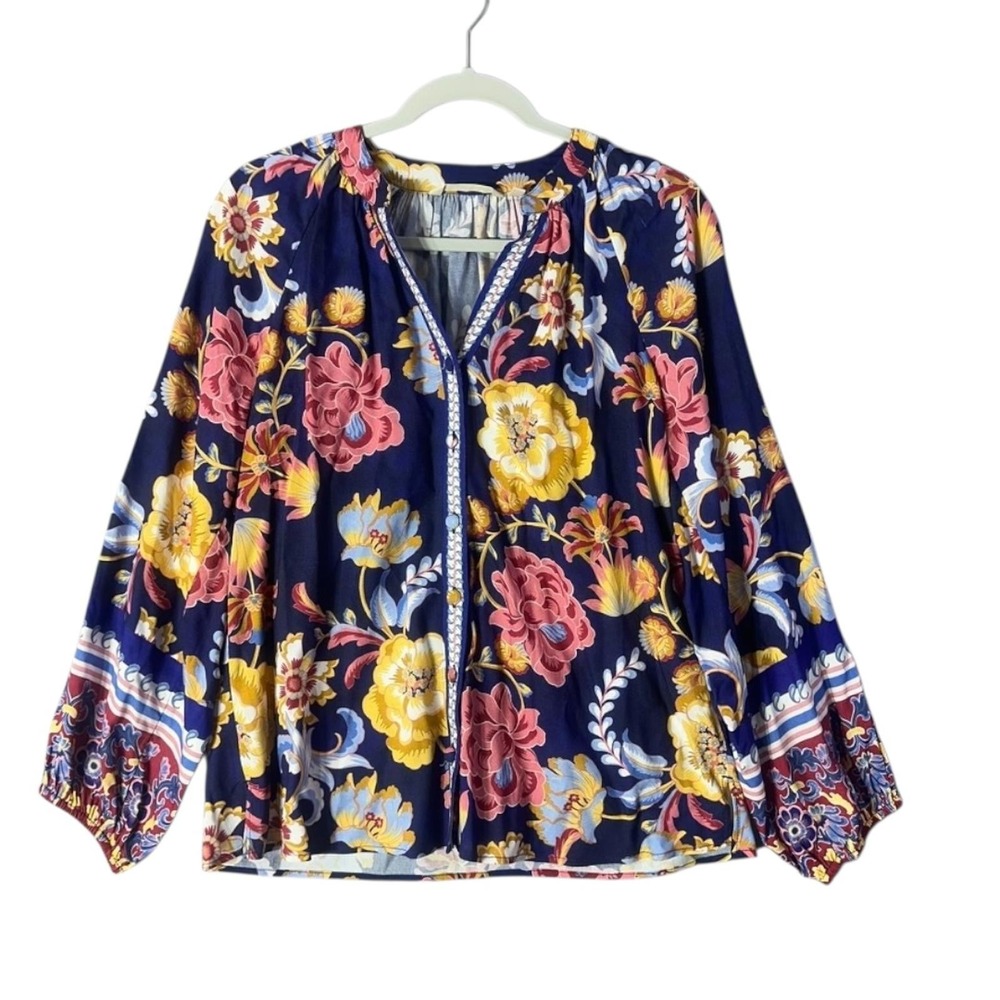 Soft Surroundings Navy Floral Boho Blouse Size Petite Small Lightweight